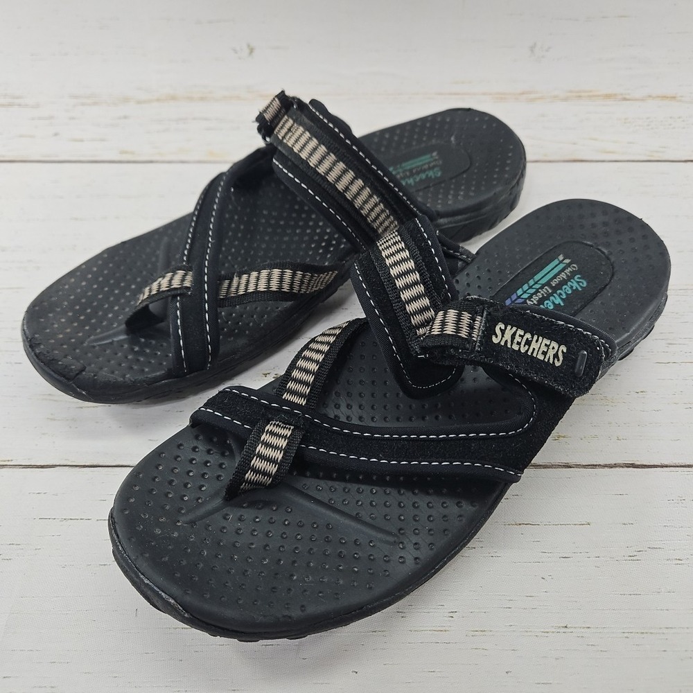 Skechers Reggae Rasta Women 8 Black Tan Flip‎ Flop Thong Sandals Slip On Comfort